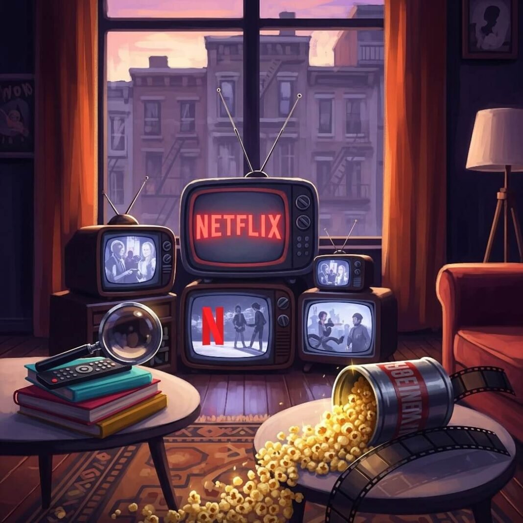 An impressionistic digital painting of a Brooklyn living room with retro televisions.