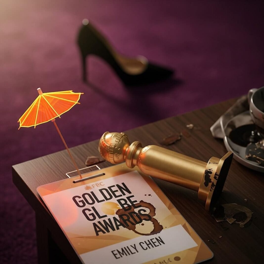 A knocked-over Golden Globe statuette and a cocktail umbrella on a table.