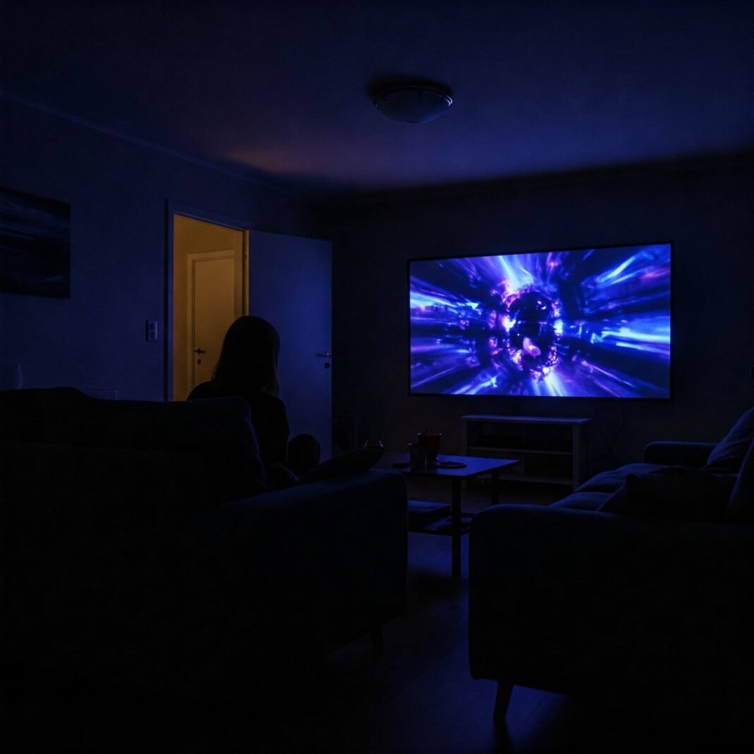 Dimly lit living room with person watching unsettling TV