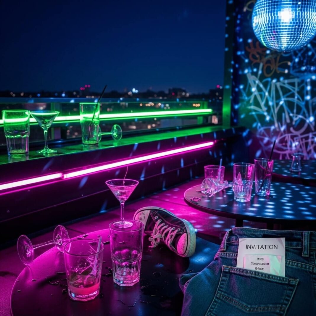 A night shot of a neon-lit rooftop bar with a scuffed sneaker.