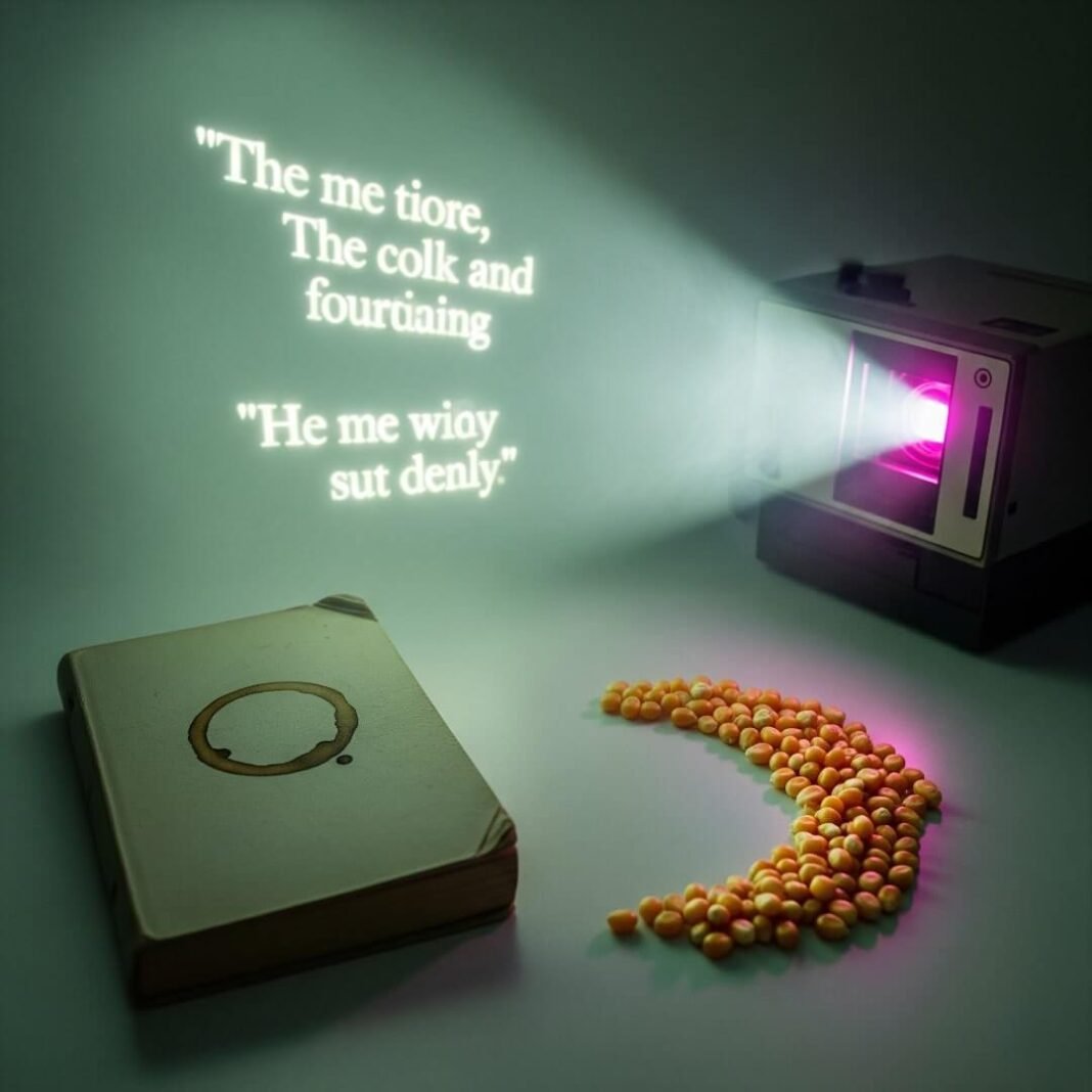 A fuzzy shot of a book, a projector, and popcorn kernels with bittersweet vibes.