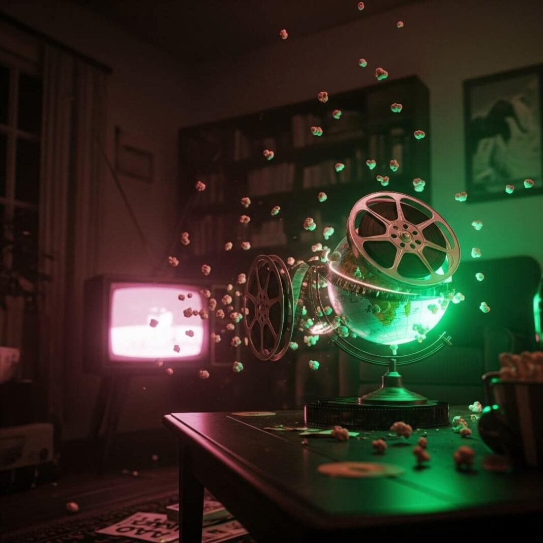 A blurry photorealistic shot of a film reel morphing into a globe in a living room.
