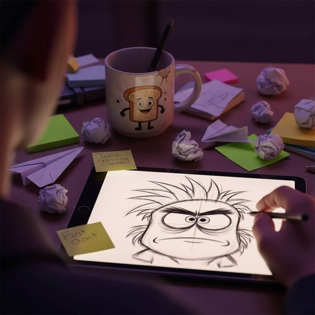 An animator's cluttered desk with a glowing tablet and scattered notes.