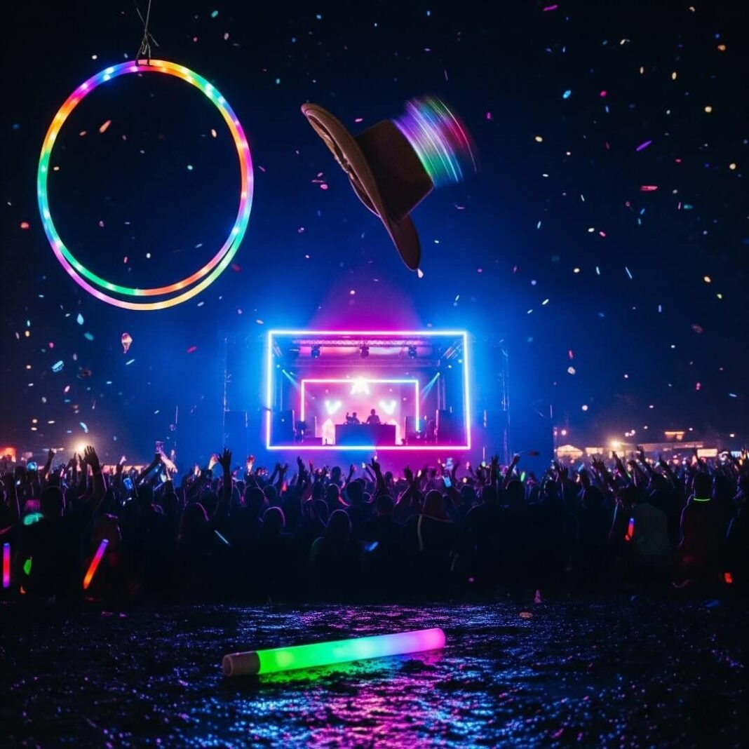 A blurry shot of a neon festival stage with a crowd and a glowstick.