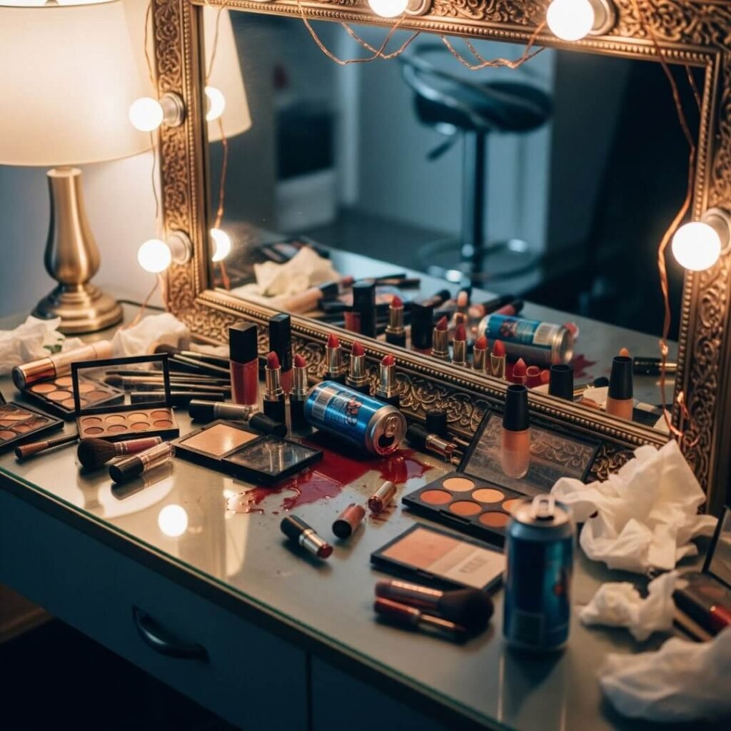 A celebrity's messy dressing room with spilled energy drink and makeup.