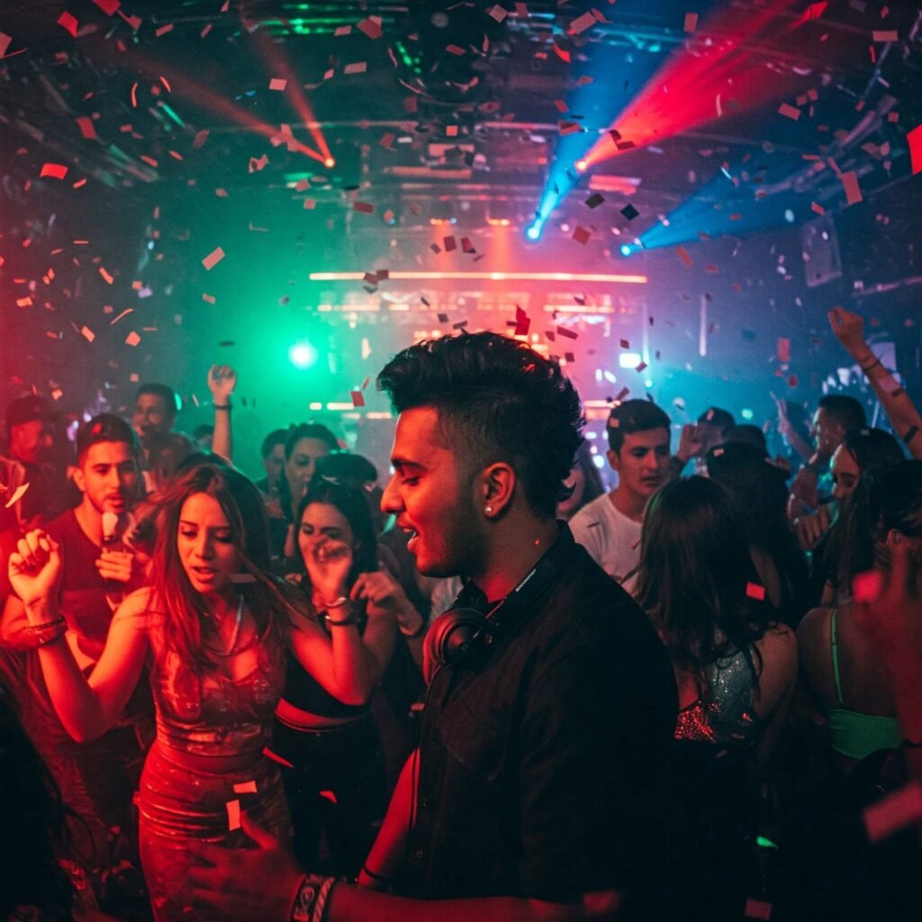 Packed Dance Floor Under Strobe Lights

