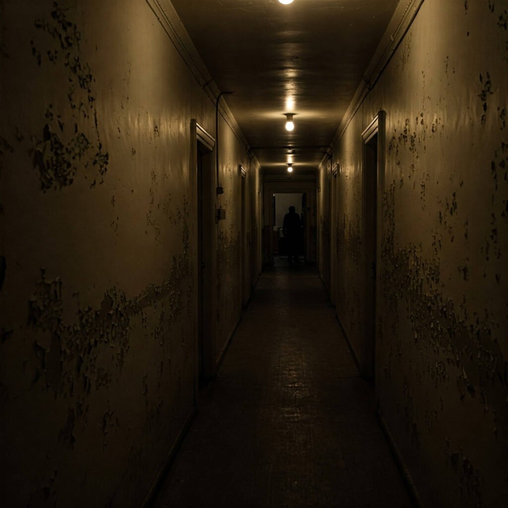 Long, dark hallway with shadowy end.

