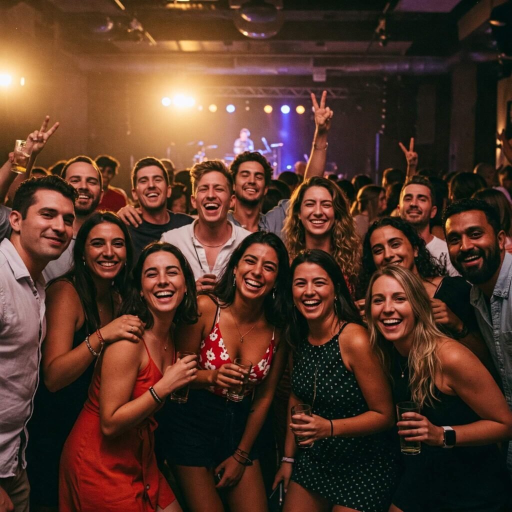 
Smiling guests enjoying an event with stage lights in the background