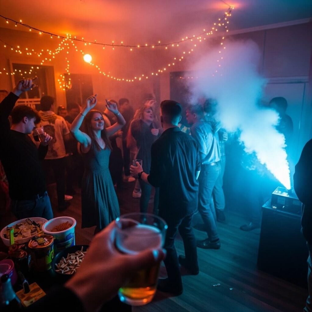A shaky photo of a chaotic house party with a beer glass in the foreground.