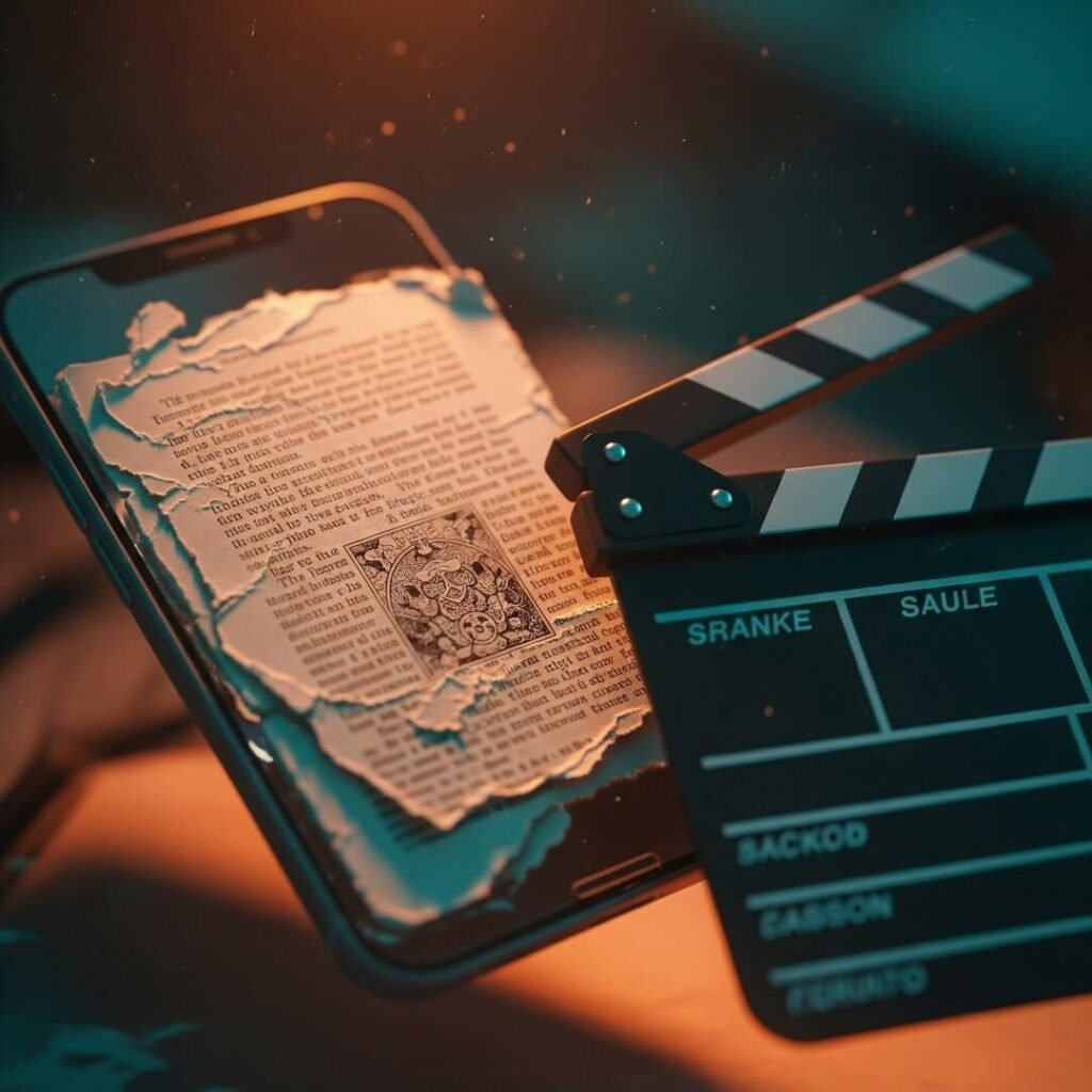 A crooked shot of a ripped book page and a clapperboard with a chaotic but warm feel.