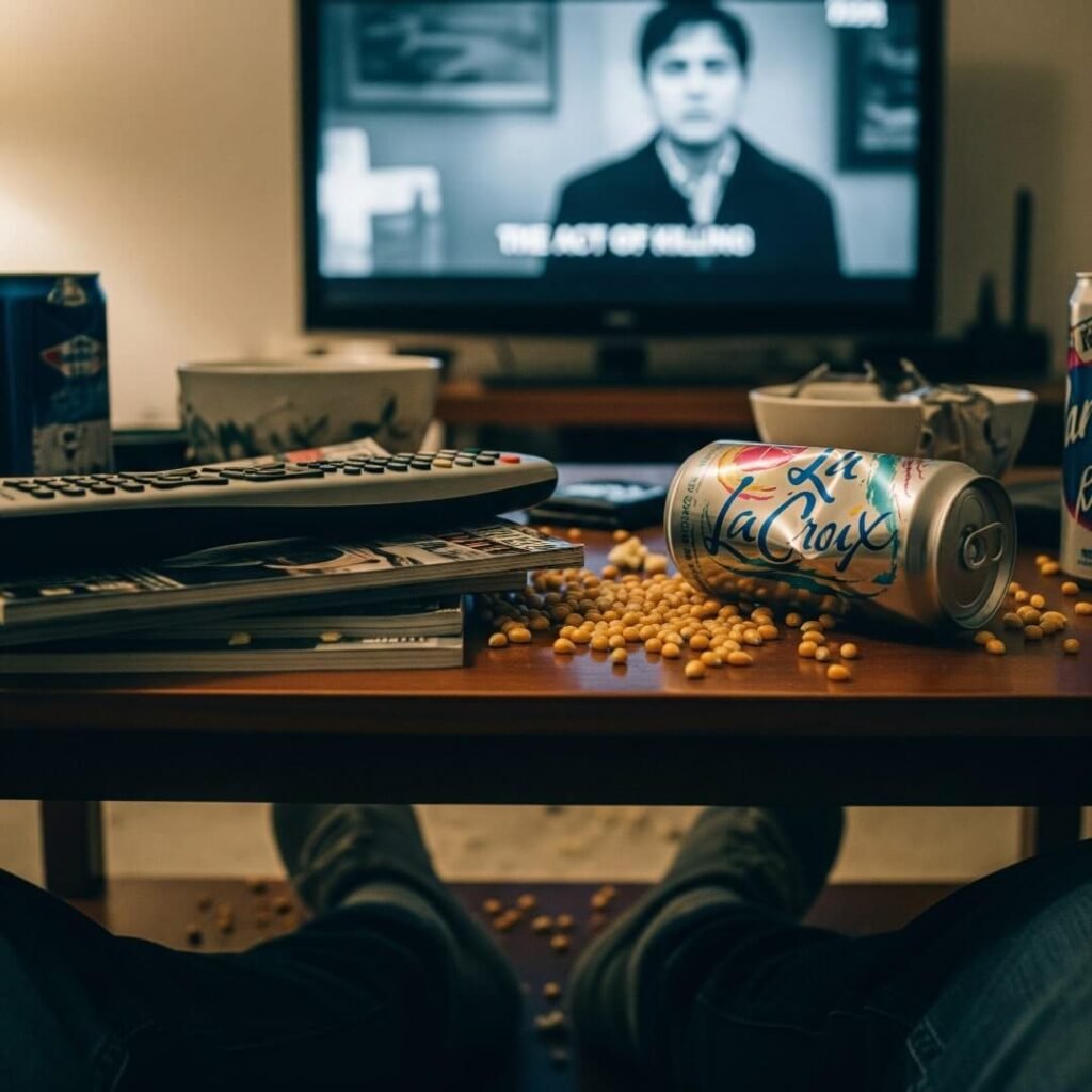 A grainy, low-angle shot of a coffee table with a TV remote, spilled popcorn, and a LaCroix can. A TV in the background shows a blurry scene from "The Act of Killing."