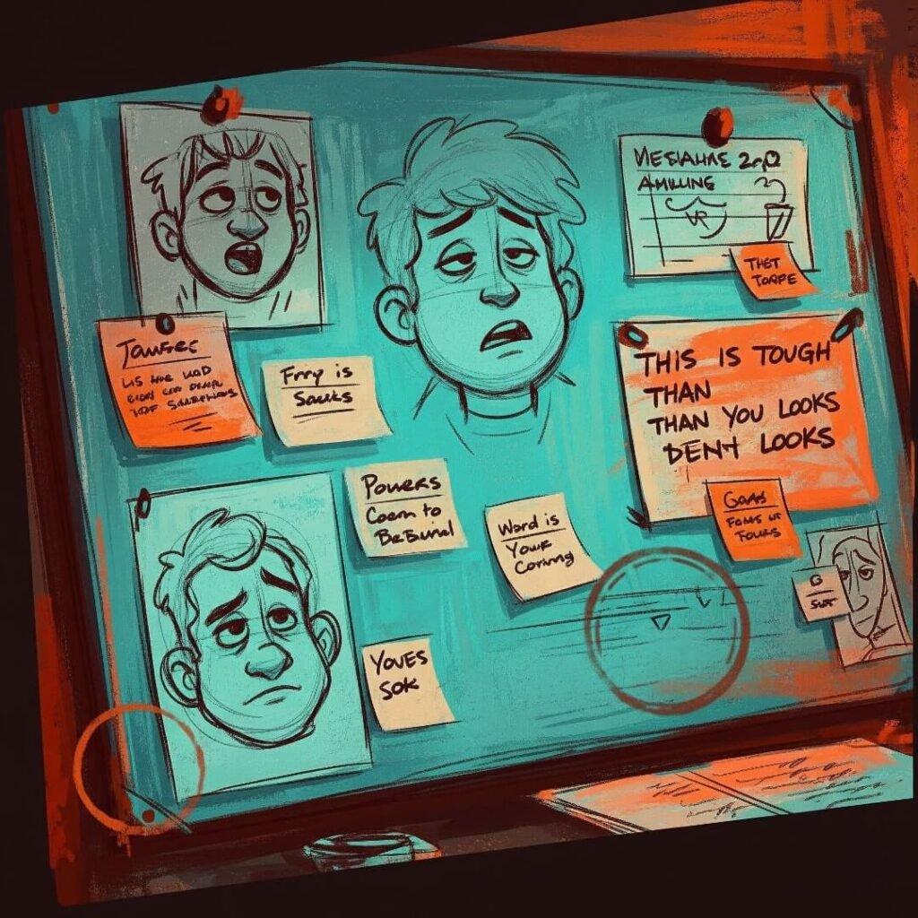 A chaotic storyboard wall with character sketches and smudged notes.