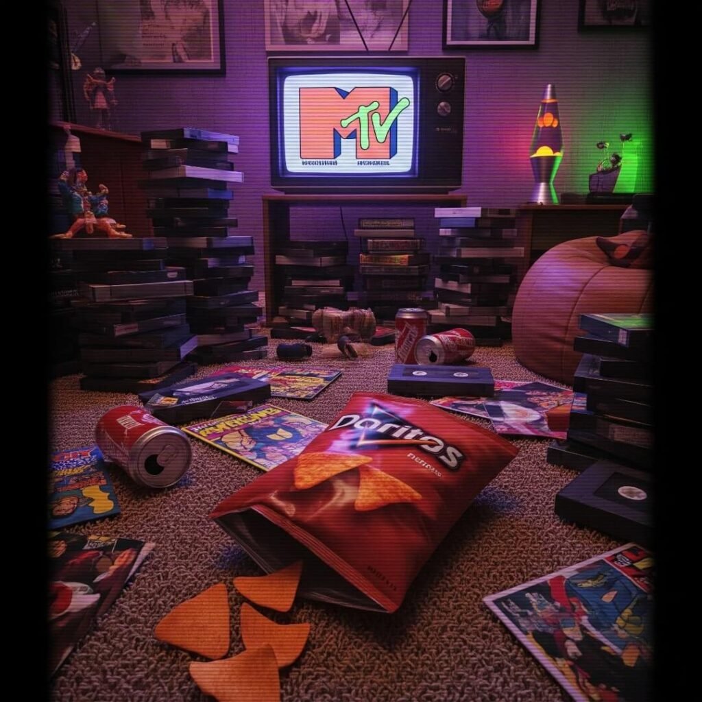 A cluttered 80s living room with a TV and snacks.