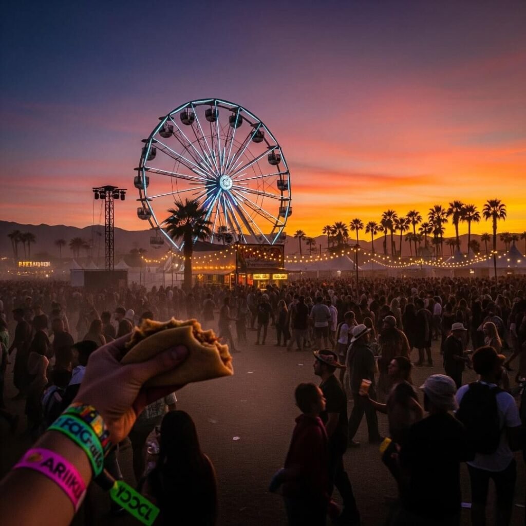 A wobbly shot of a Ferris wheel at sunset with a hand holding a taco.