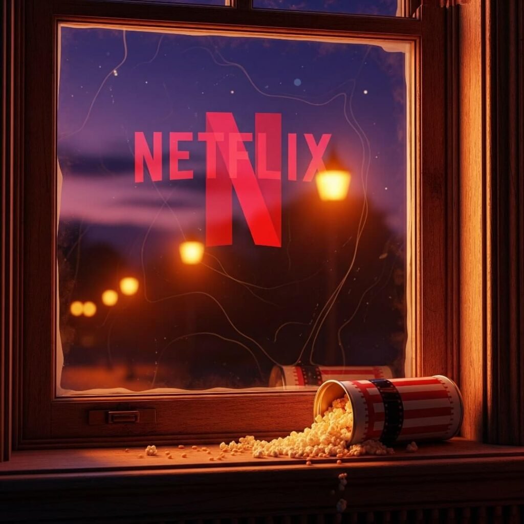 A vintage window with a Netflix logo reflection and spilled popcorn.
