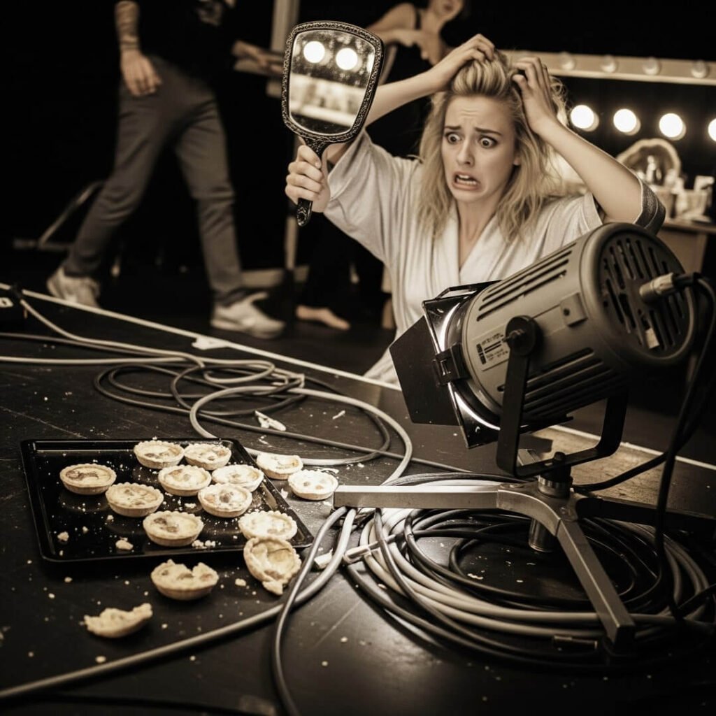 A backstage scene with a panicked starlet, tangled cables, and spilled mini quiches.