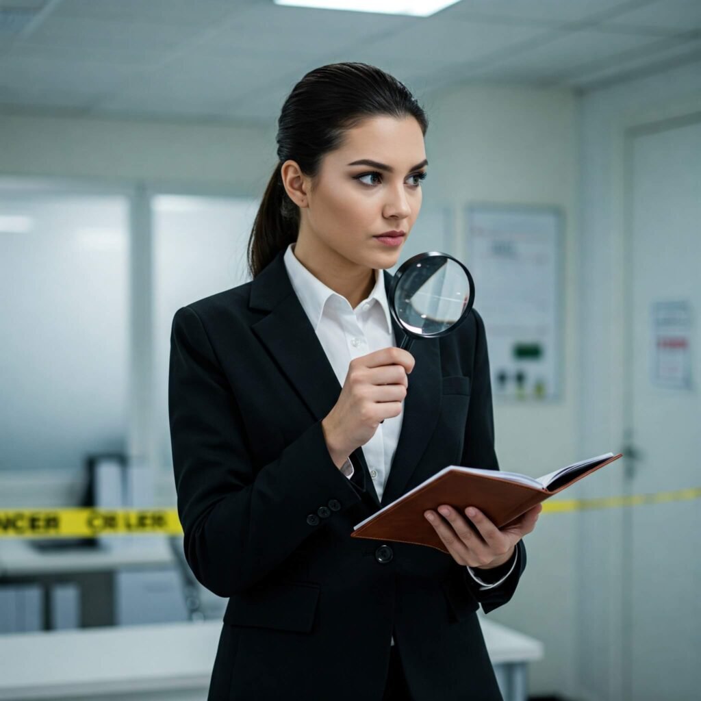 Detective with notepad and magnifying glass
