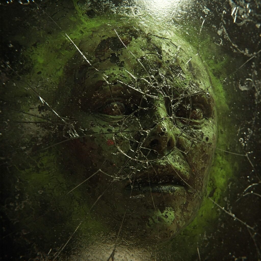 Distorted reflection in glass showing unsettling texture