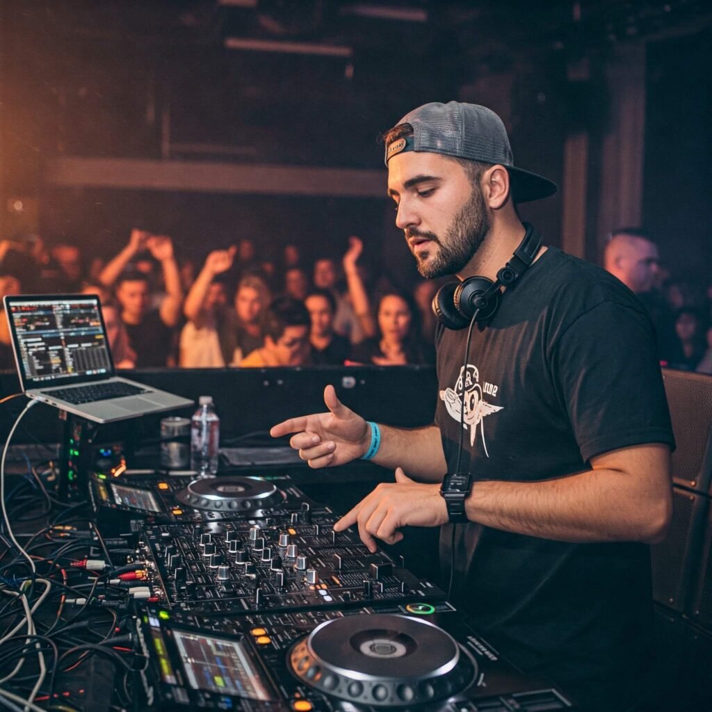Professional DJ mixing music with dynamic stage lighting