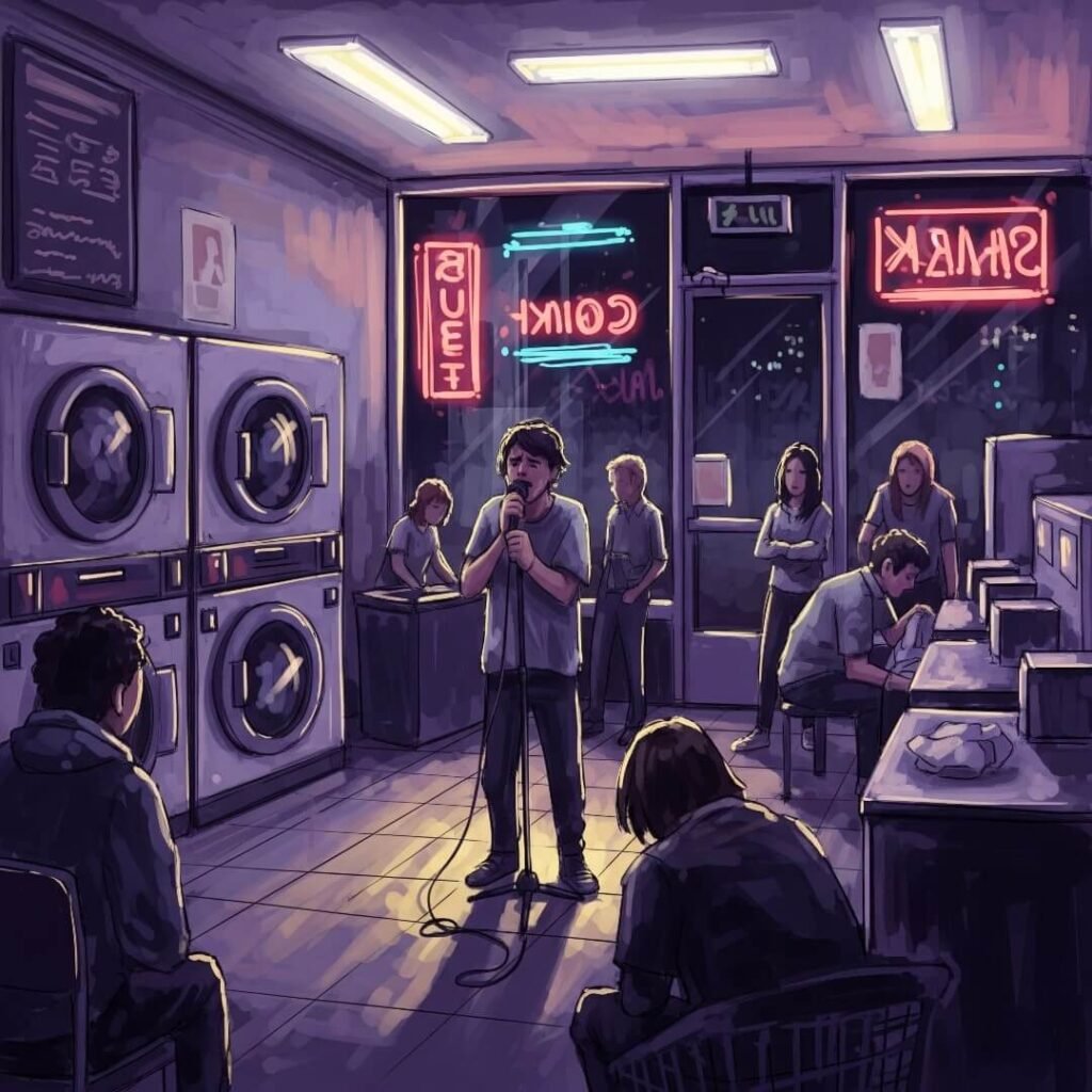 A digital painting of a person singing karaoke in a laundromat.