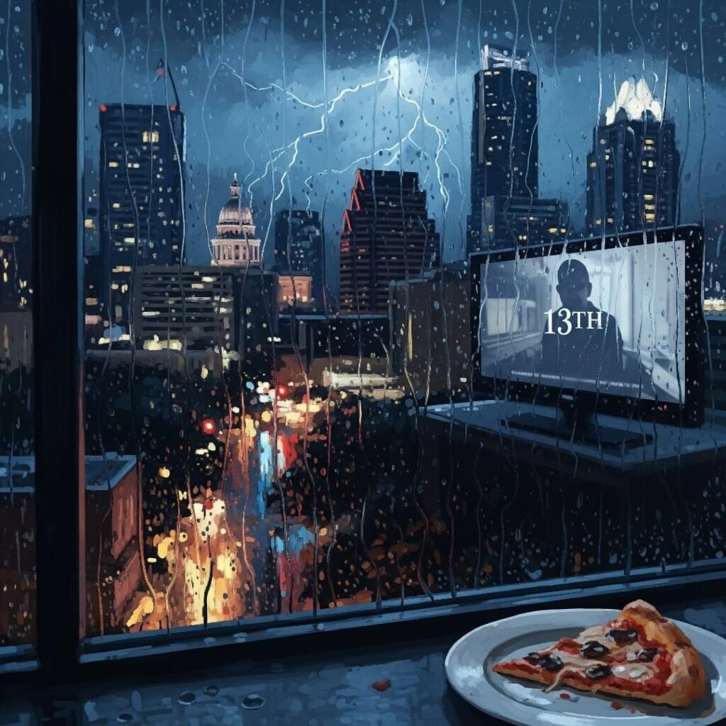 An impressionistic digital painting of a rainy night, reflecting a TV playing "13th" next to a burnt pizza slice.