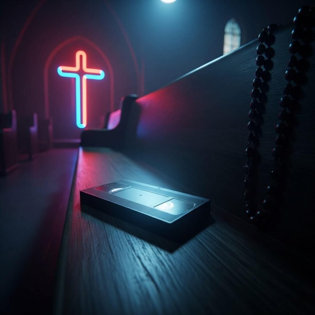 A church pew with a glowing VHS tape and neon cross.