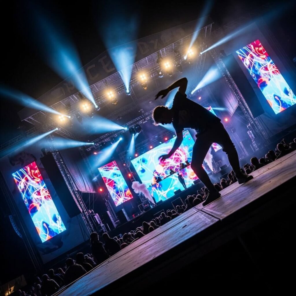 A tilted shot of a festival stage at night with a person's blurry shadow.