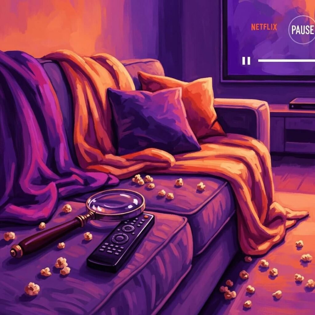 An impressionistic painting of a couch with blankets, remote, and popcorn.