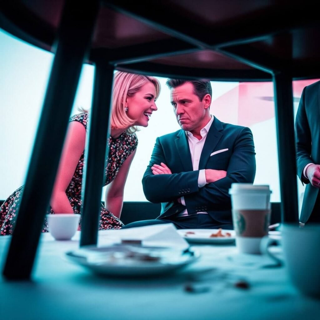A low-angle shot of two celebrities gossiping at a table.