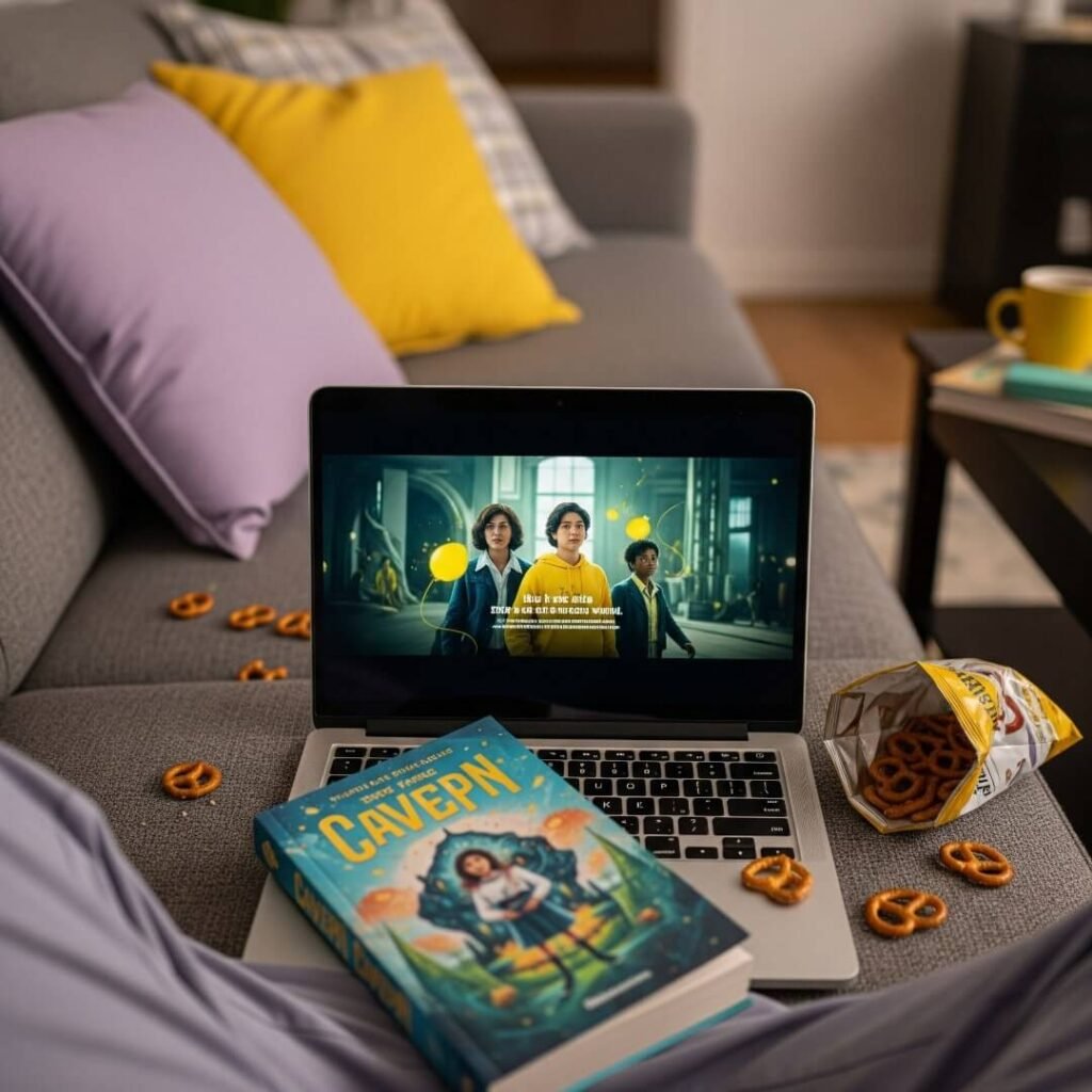 A slouched POV of a laptop, book, and pretzels on a couch.