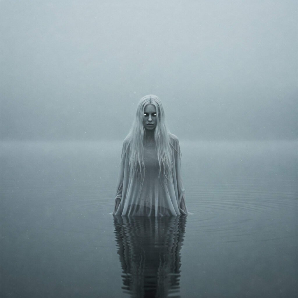 Misty Lake Ghostly Figure Eyes