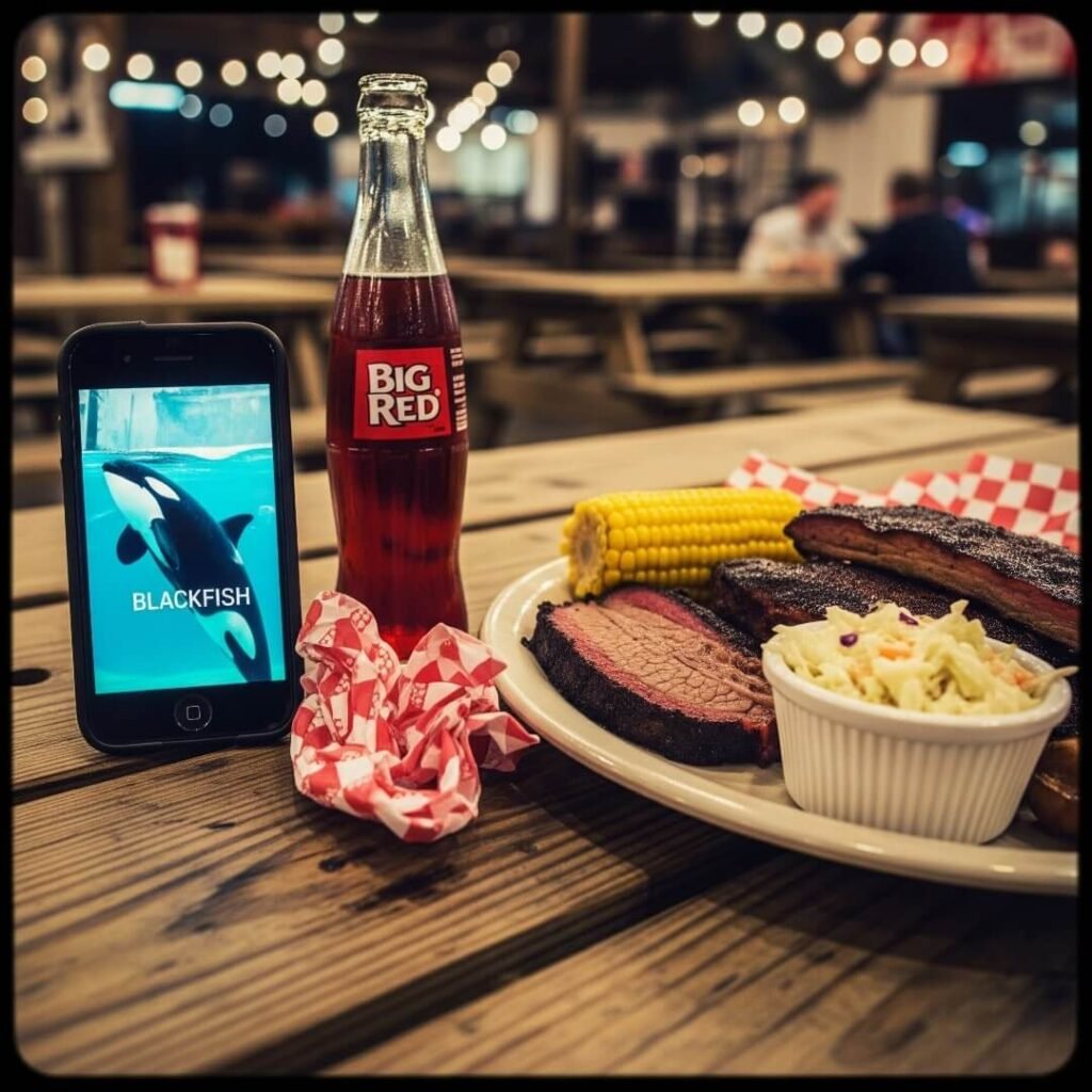 A vintage-inspired shot of a BBQ plate with brisket, ribs, coleslaw, and corn on the cob, next to a phone showing a still from "Blackfish."