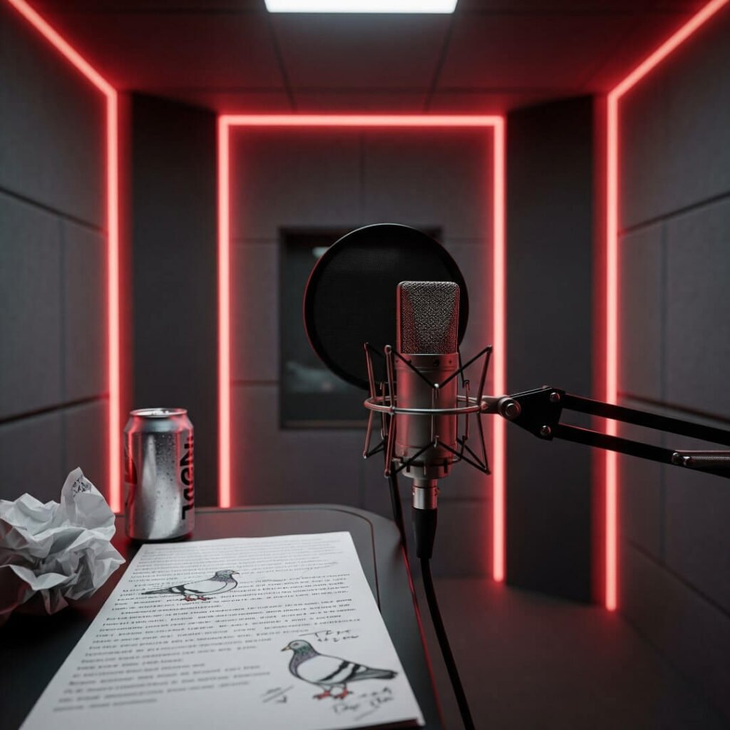 A sound booth with a mic, crumpled script, and soda can.
