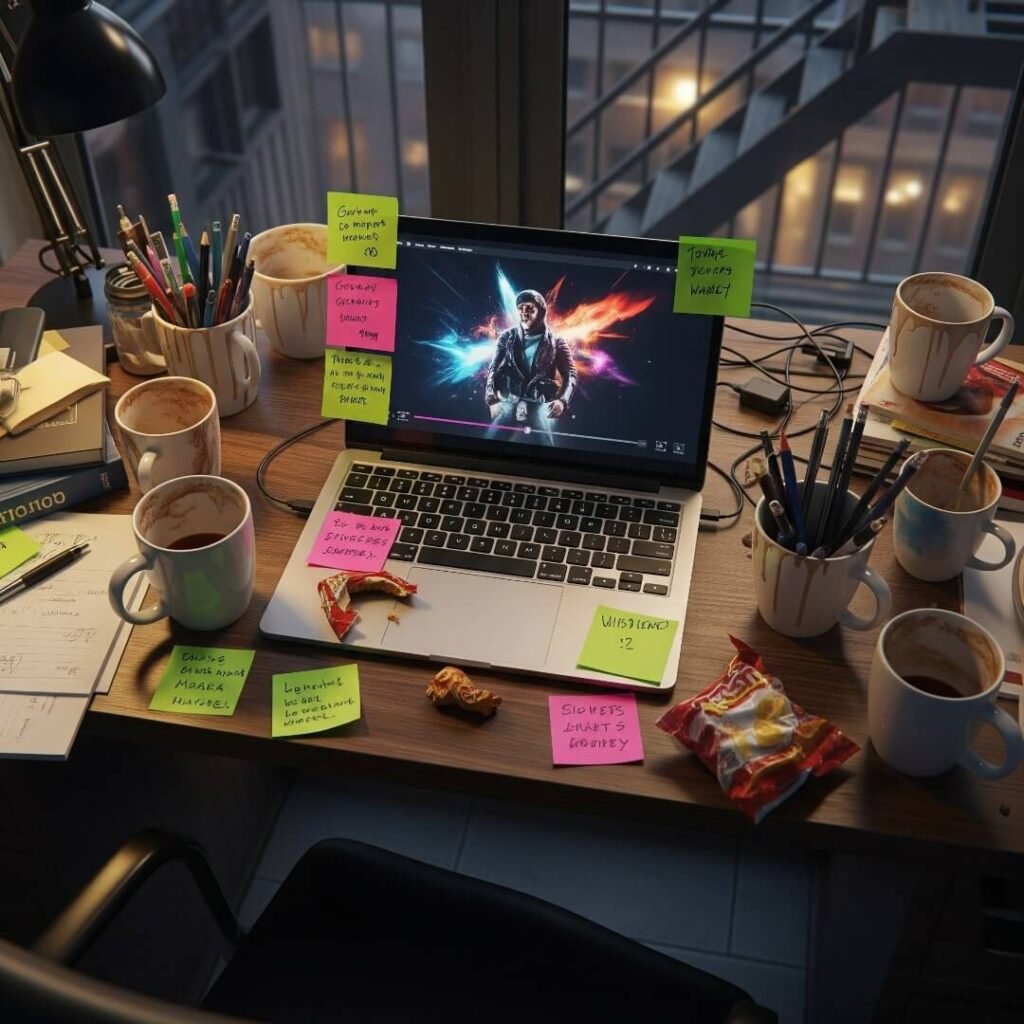 A messy desk with a laptop and coffee mugs.