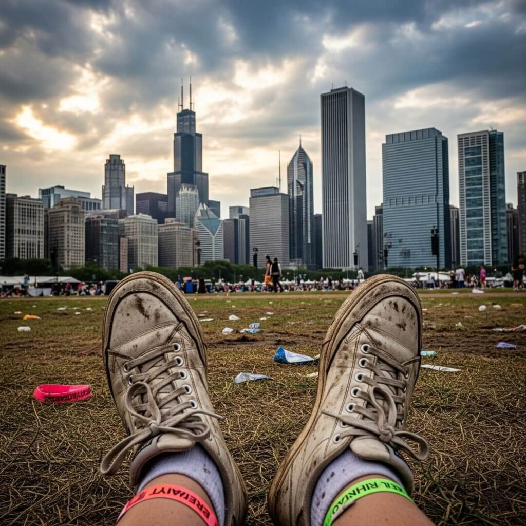 A gritty shot of muddy sneakers with the Chicago skyline in the background.