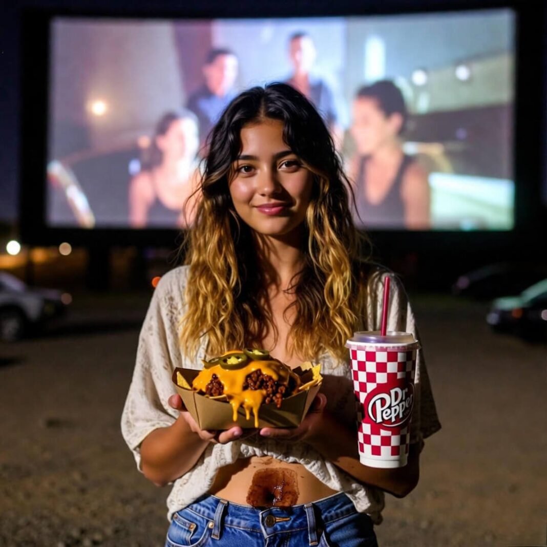 Smiling girl with messy nachos and Dr Pepper stain.