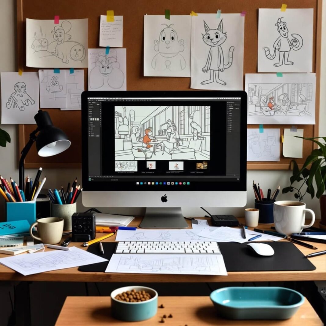 Chaotic animator desk with cat food and potato pigeons.