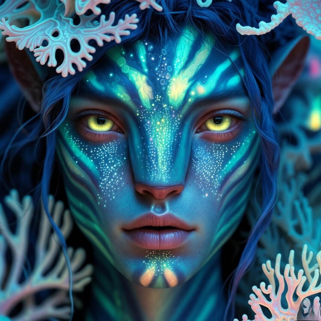 Na'vi face glowing with bioluminescent coral reflections.