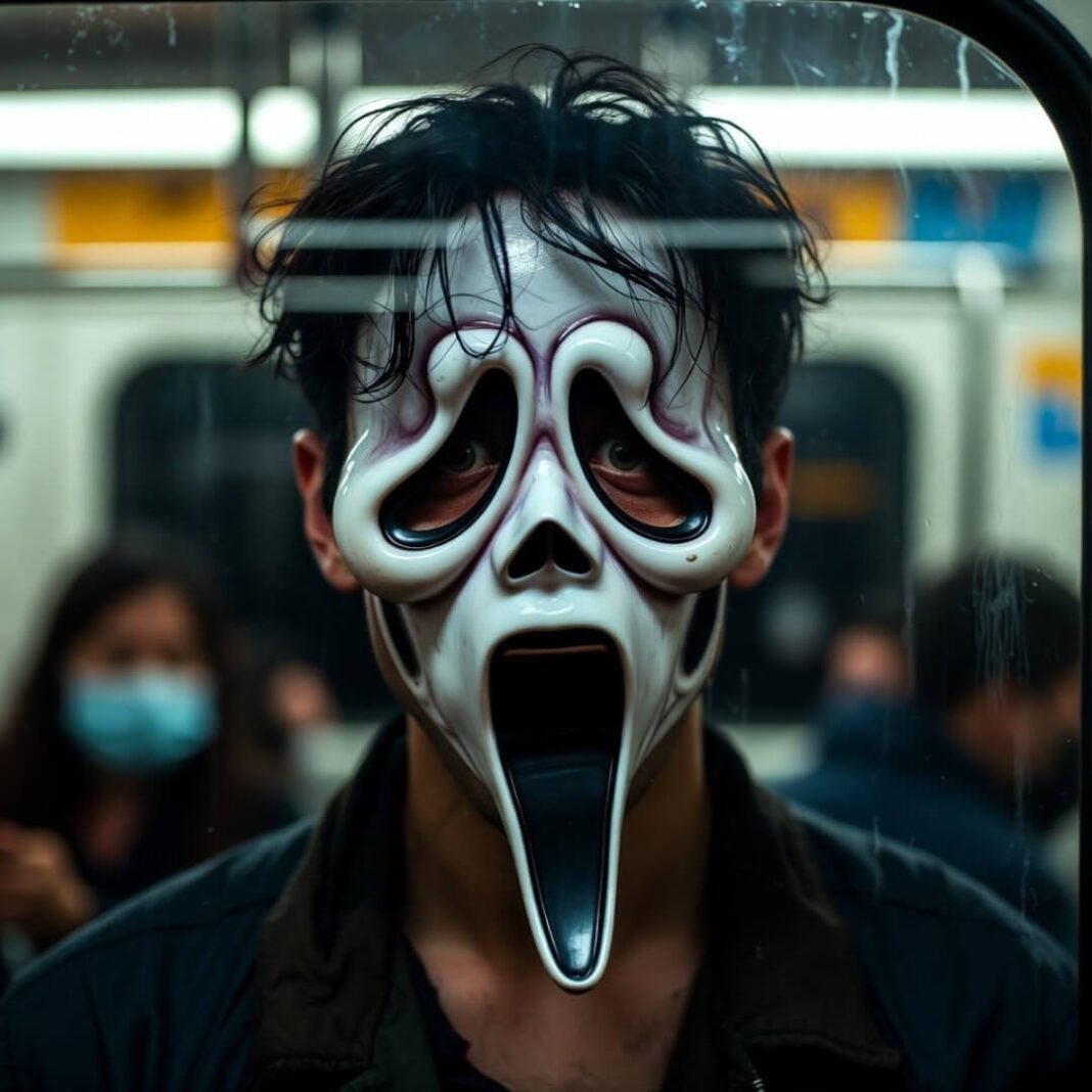 Ghostface reflection in subway window, creepy