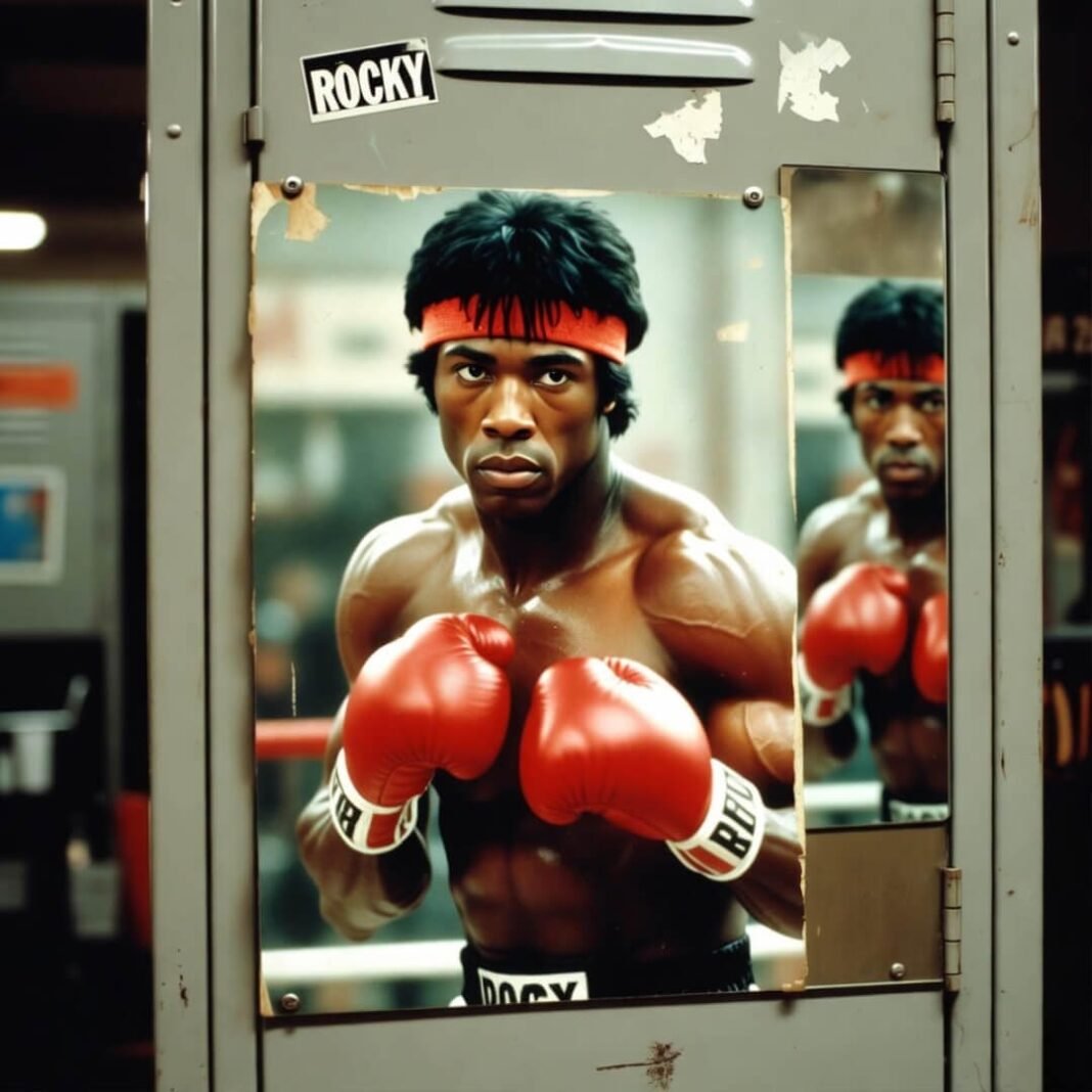 Faded Apollo Creed poster reflected in gym mirror.