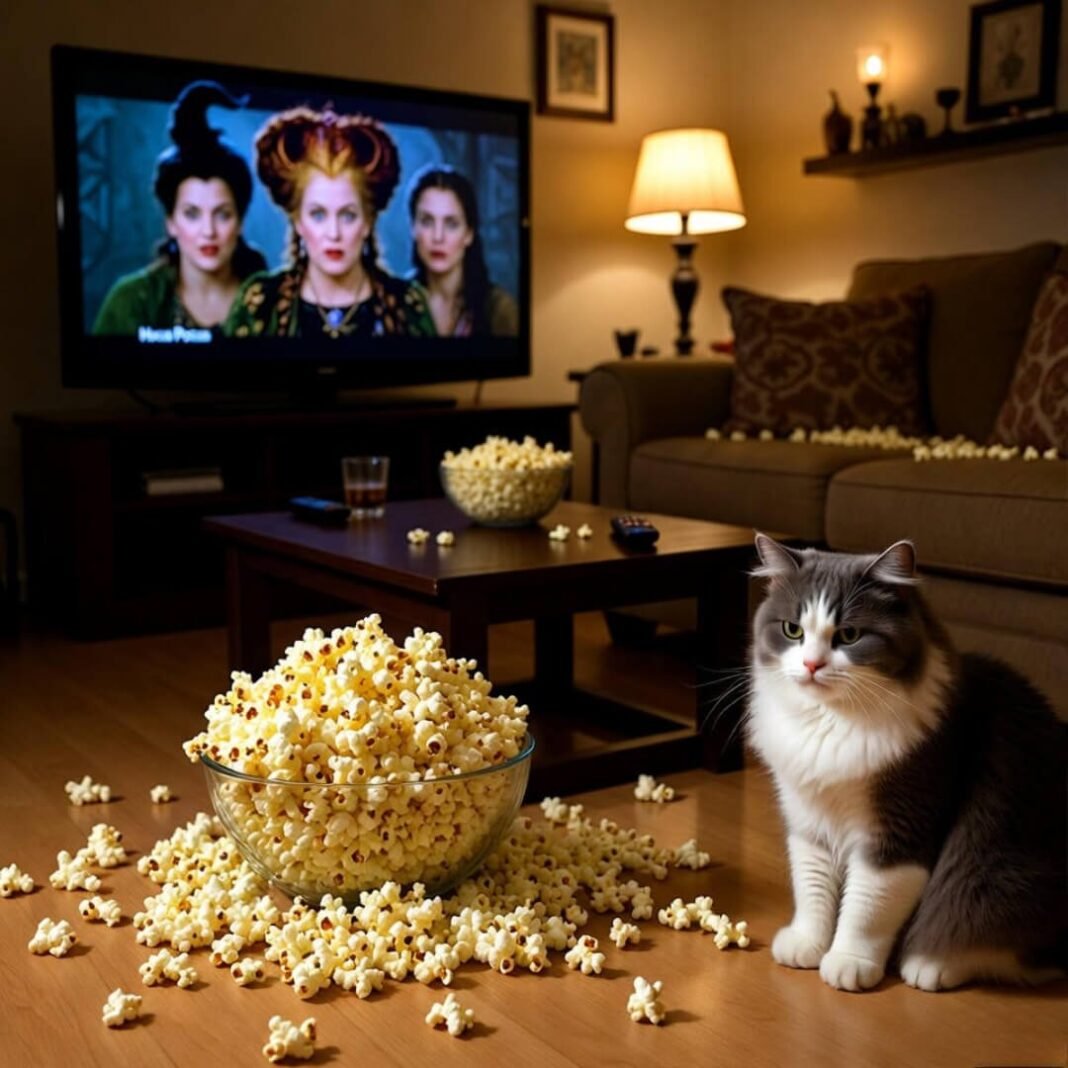Cat glares at spilled popcorn, Sanderson Sisters on TV.