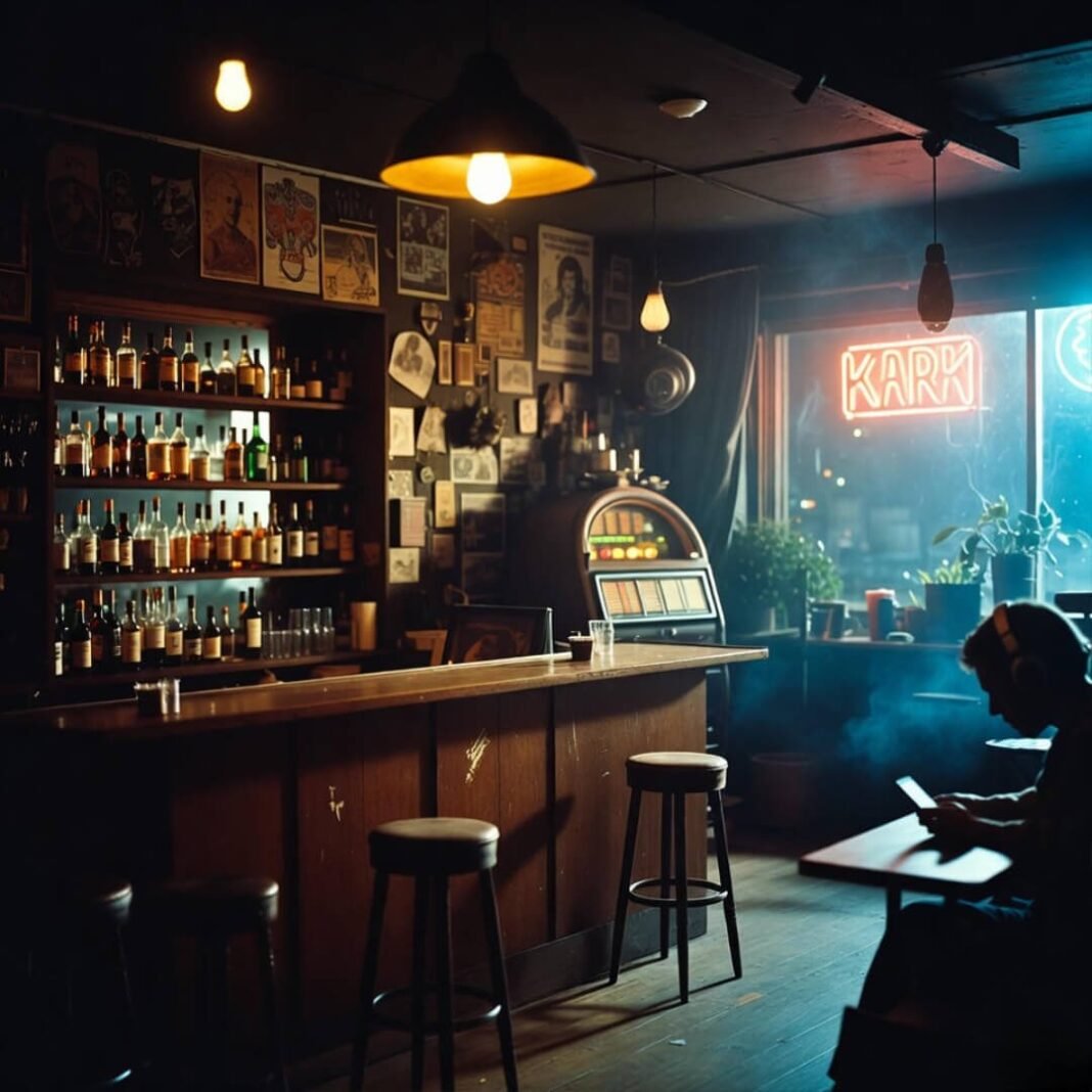 Dim dive bar, flickering neon, empty stool awaits.