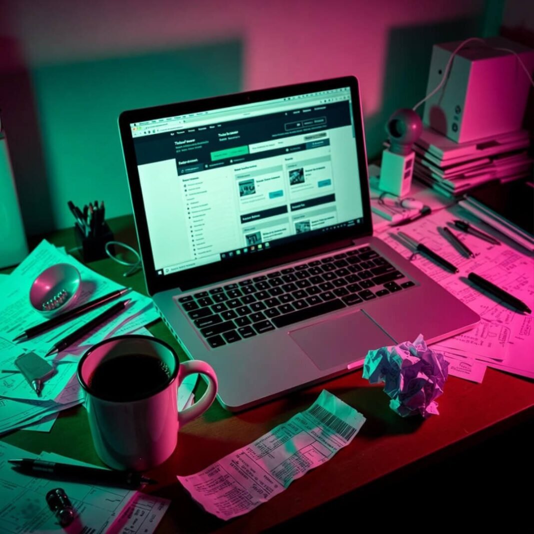 Cluttered desk, laptop buying tickets, neon glow.
