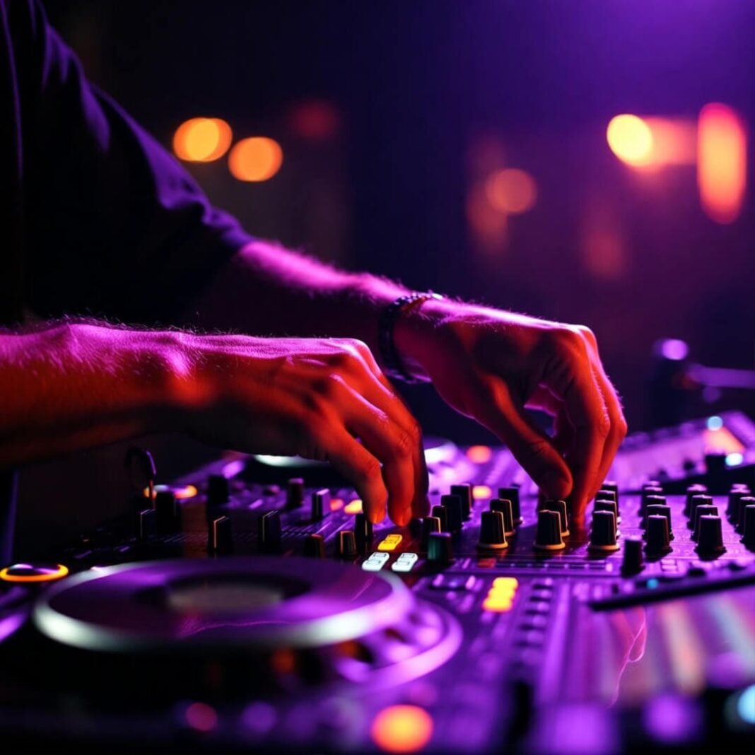 DJ hands scratching under purple-orange lights
