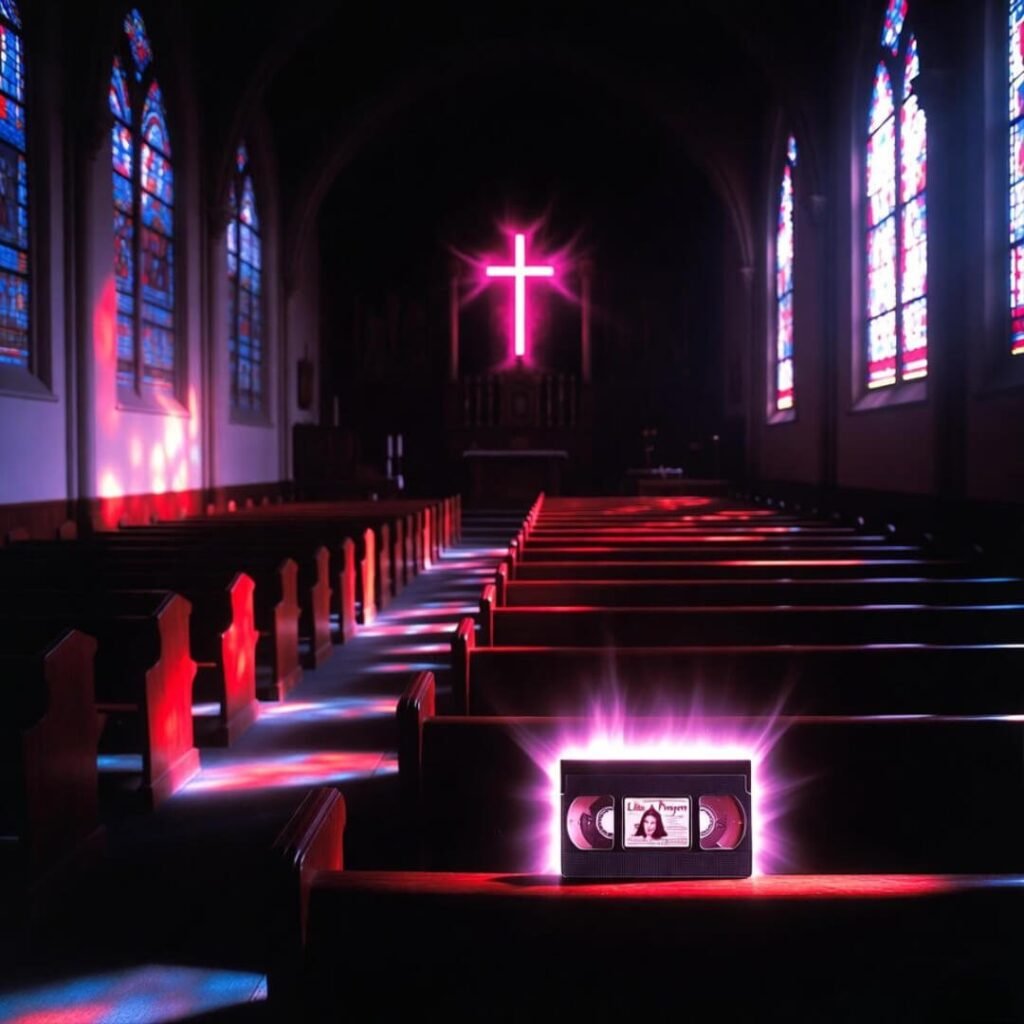 Glowing "Like a Prayer" VHS in empty neon church.