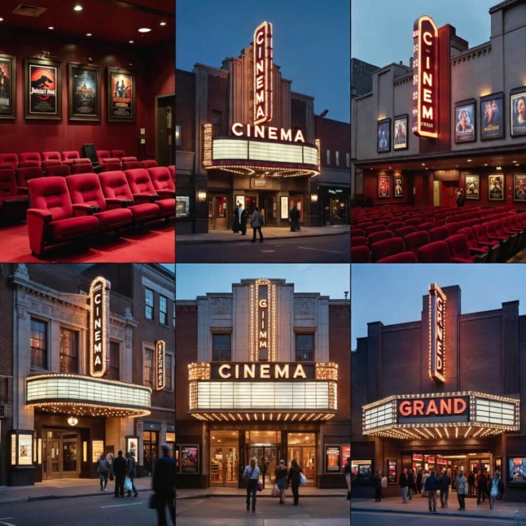 Collage of iconic US movie theater exteriors and interiors.