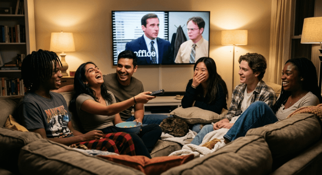 Diverse group laughing together while watching "The Office."
