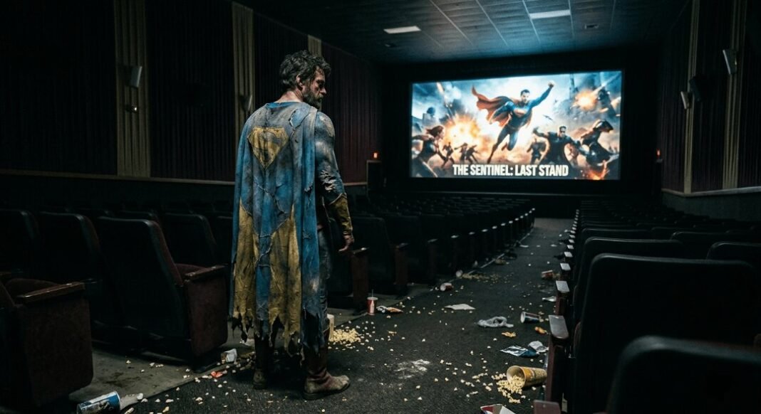 A lone, weathered Superman stands in an empty, debris-filled theater, gazing at a distant screen.